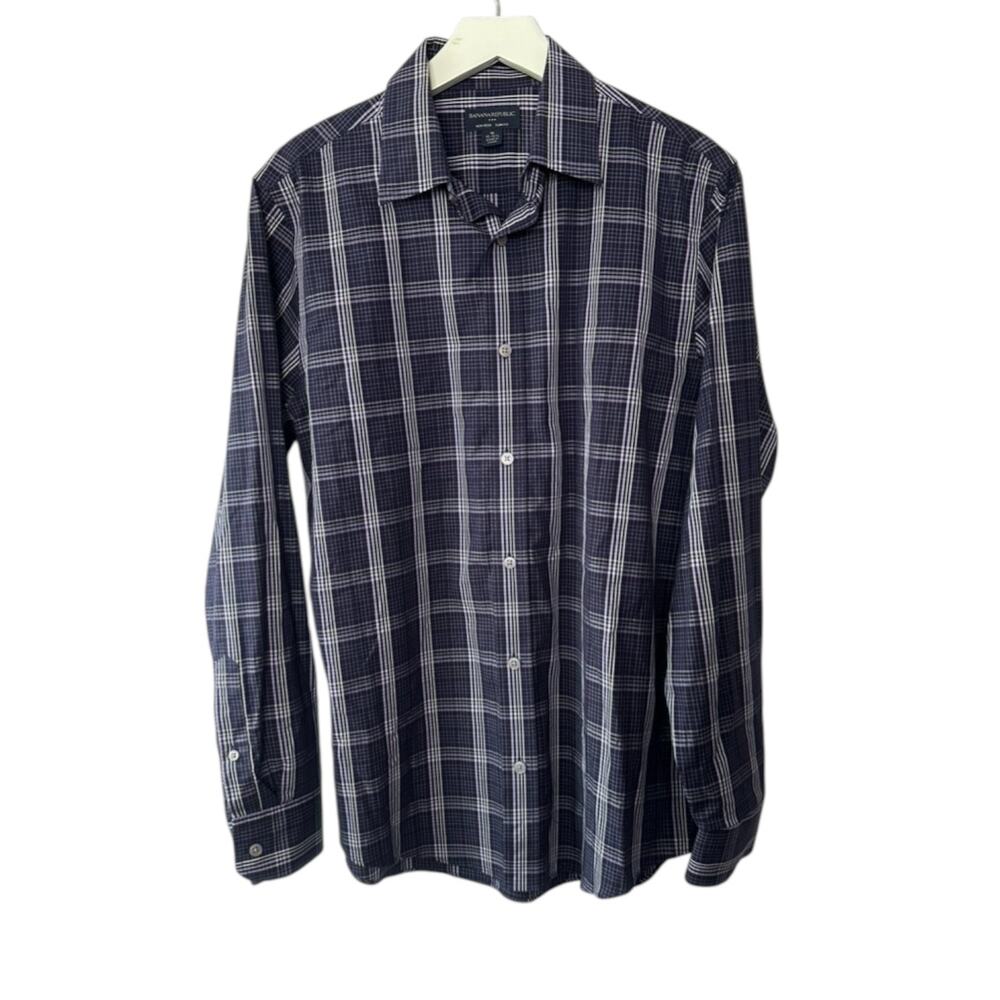 Banana Republic Non Iron Slim Fit Button Down Shirt Black Plaid Medium 15-15.5